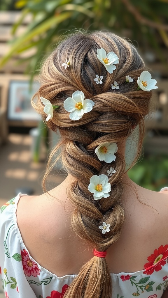 A woman with a messy braid decorated with white flowers, showcasing a boho-inspired hairstyle.