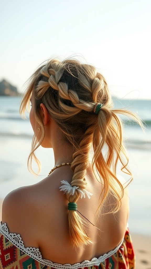 A woman with a boho braided ponytail at the beach, showcasing two braids and a loose ponytail.