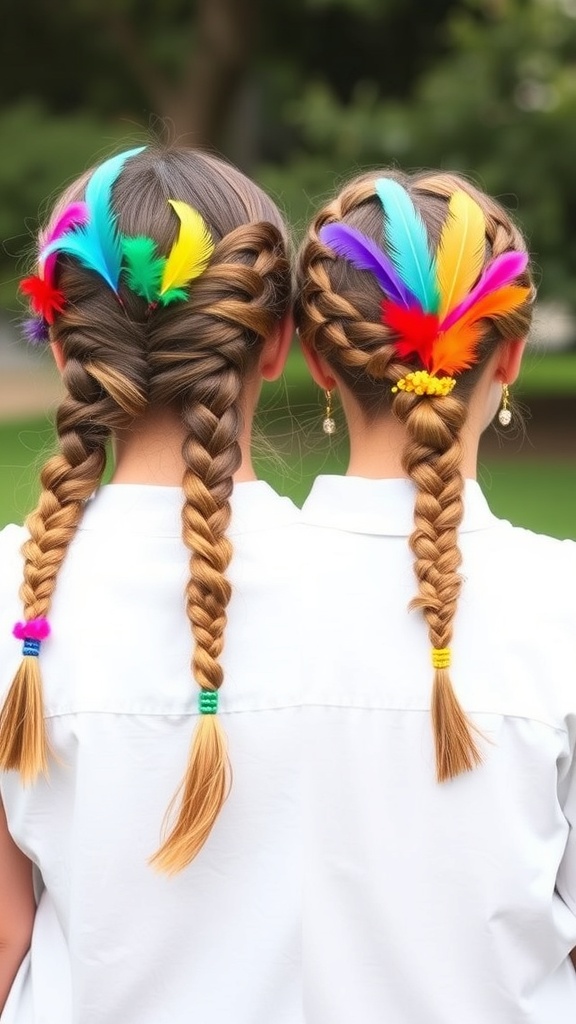 Two girls with colorful boho braids featuring feathers and beads.
