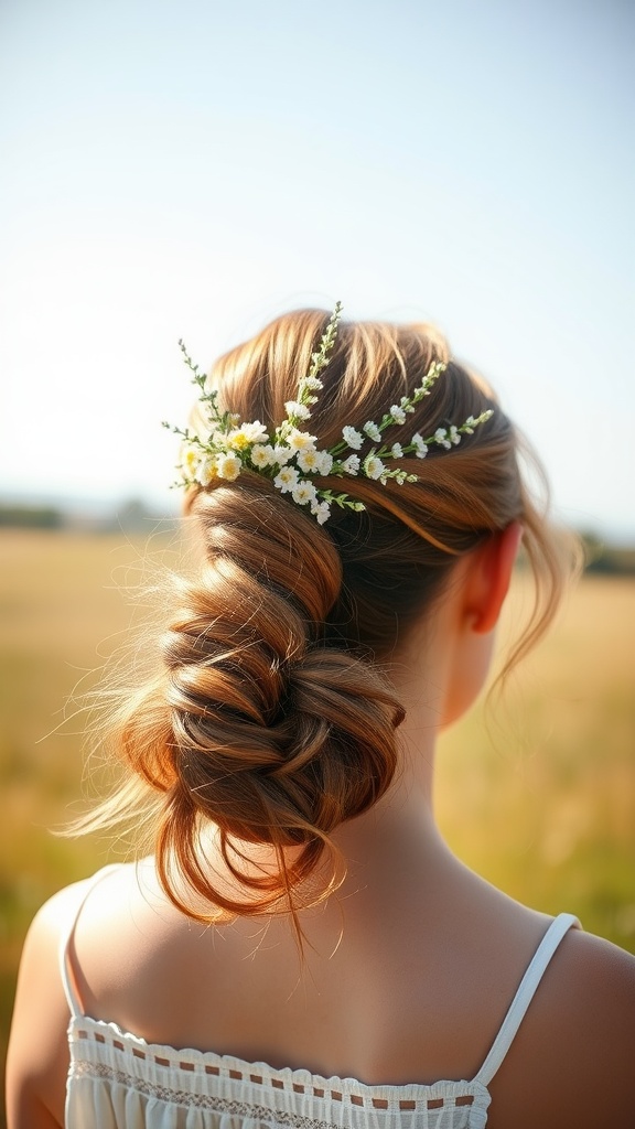 A boho chic ponytail adorned with floral accents, set against a sunny backdrop.