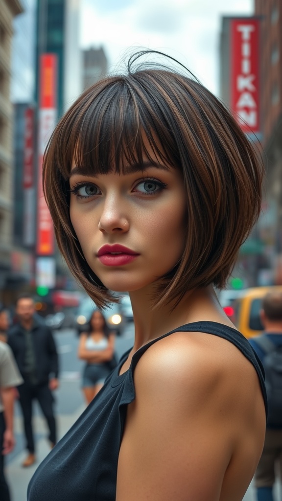 A woman with a choppy bob hairstyle and thick bangs, standing in an urban setting.