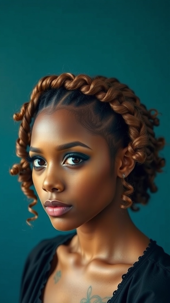 A young woman with a bold braided crown hairstyle featuring natural curls.
