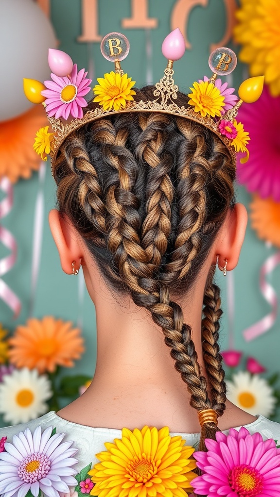 A back view of a woman with a bold braided crown hairstyle, adorned with colorful flowers and birthday-themed accessories.