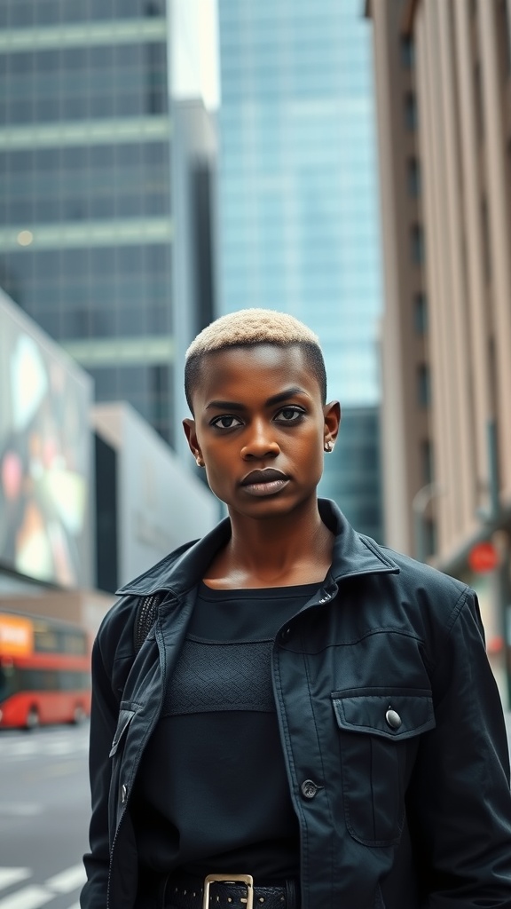 A confident woman with a buzz cut standing in an urban setting, wearing a black outfit.