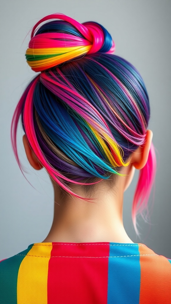 Back view of a person with a vibrant color-blocked hairstyle featuring pink, blue, and yellow, styled in a bun.