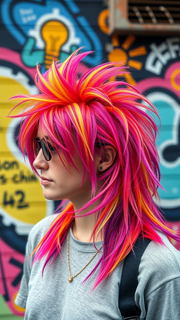 A person with a colorful mullet hairstyle featuring pink, orange, and yellow shades, standing against a vibrant graffiti background.