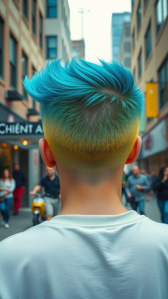 A person with a bold buzz cut featuring blue, green, and yellow hair colors, viewed from the back in an urban setting.