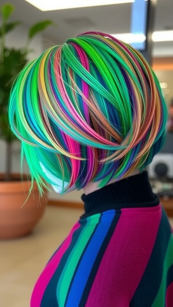 A colorful short layered bob hairstyle with vibrant shades of green, pink, blue, and yellow.