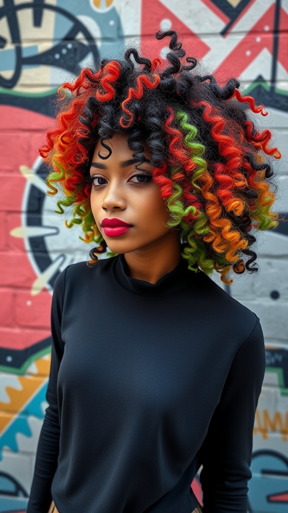 A woman with short, colorful curly hair featuring red, green, and orange hues, standing in front of a colorful graffiti wall.