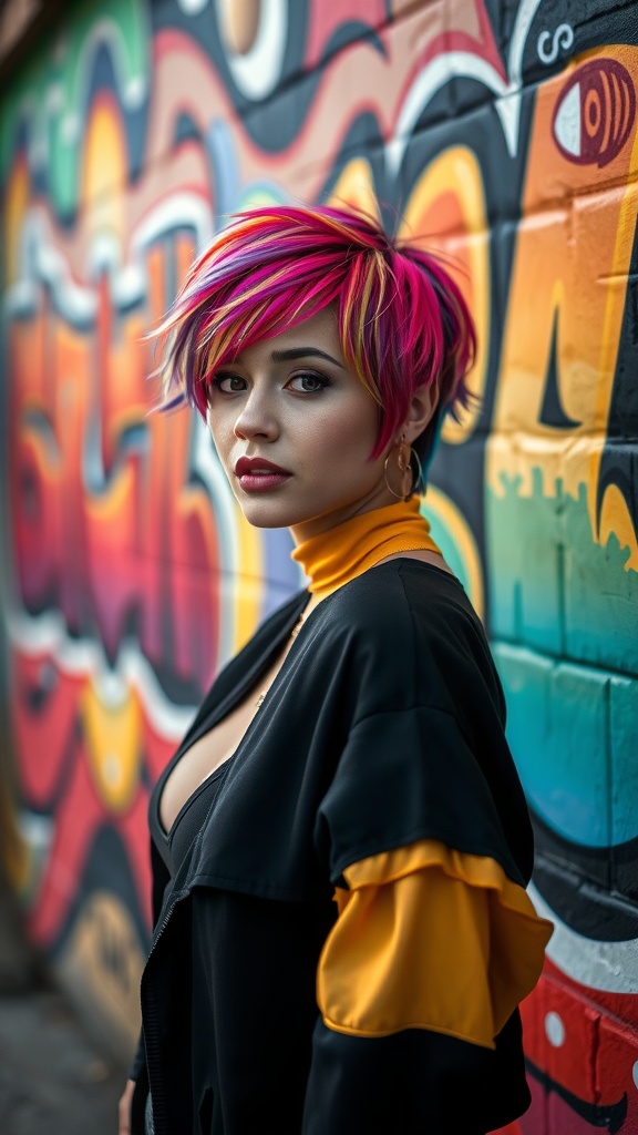 A woman with a bold, colorful short hairstyle standing against a vibrant graffiti wall.