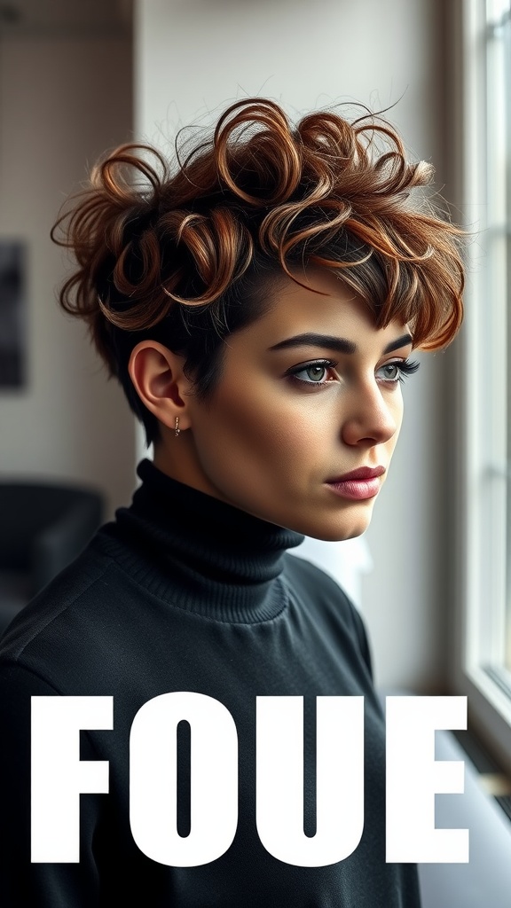 A person with a bold curly pixie hairstyle, featuring tight curls and a stylish look.