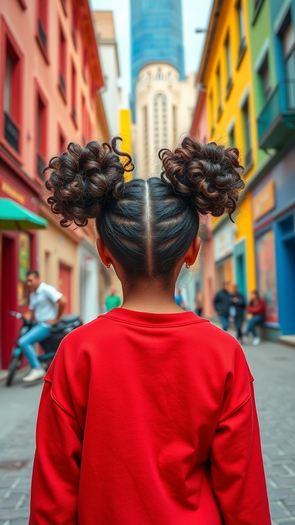 A girl with curly space buns, wearing a red top, standing in a colorful alleyway.