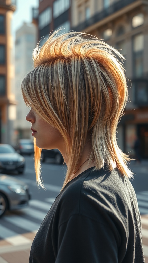 A person with straight mullet hairstyle featuring bold highlights, standing in a city setting.