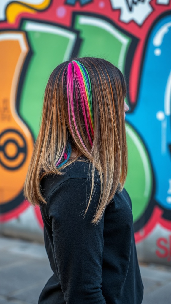 A woman with a long bob hairstyle featuring colorful bangs. The hair is brown with pink and green streaks, standing in front of a graffiti wall.