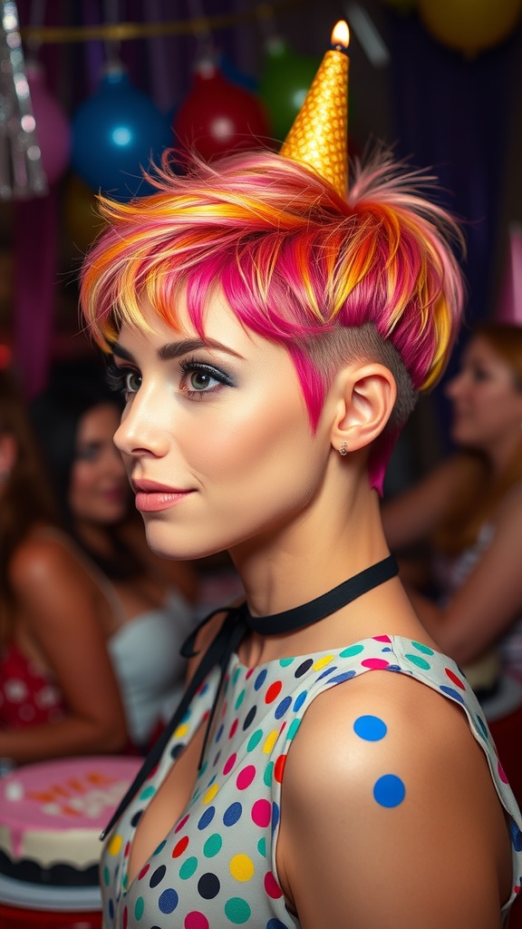 A woman with a bold pixie cut featuring colorful highlights, wearing a party hat and a polka dot dress, celebrating at a birthday party.