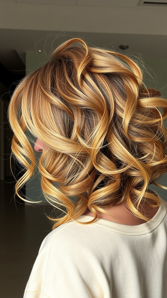 A woman with bouncy, highlighted curls styled in a blowout.