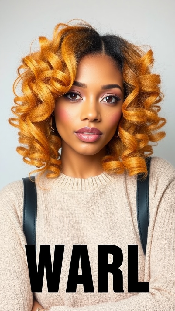 A woman with bouncy curls styled in a side part, showcasing a vibrant hairstyle.