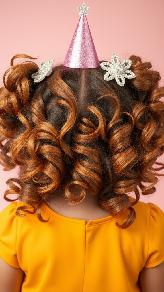 A child with bouncy curls and glittery clips, wearing a pink party hat, showcasing a cute birthday hairstyle.