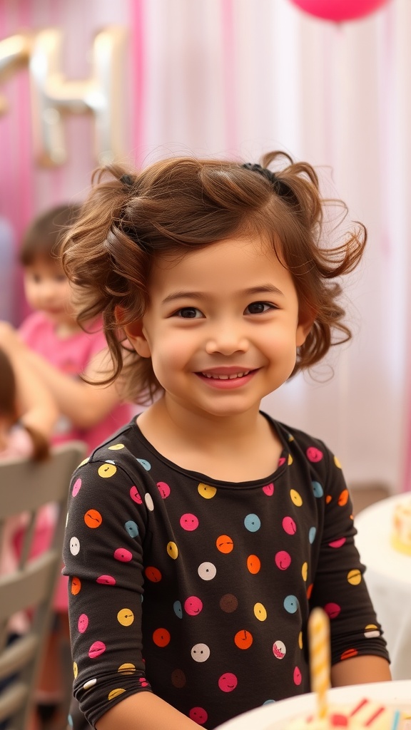 A young girl with bouncy curly hair styled in a half-up do, wearing a playful polka dot shirt, smiling at a birthday party.