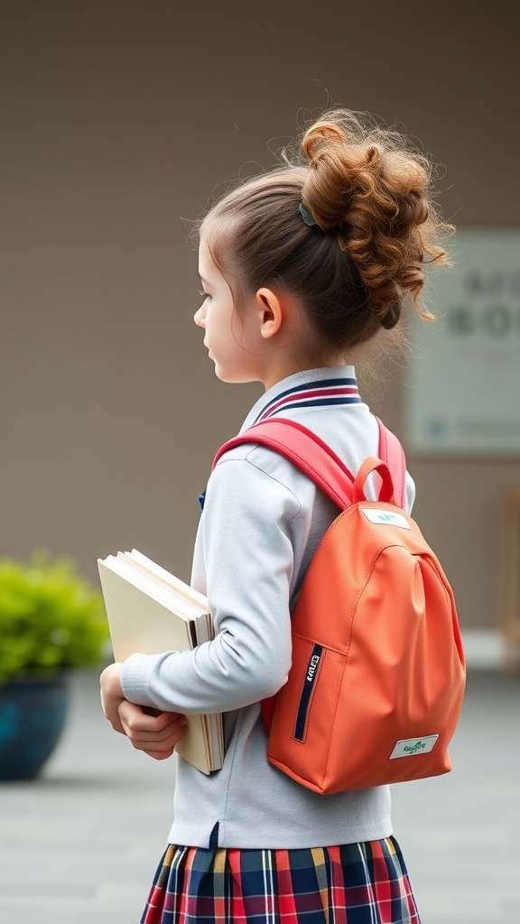 A girl with a bouncy curly ponytail, holding books and wearing a school uniform with a colorful backpack.