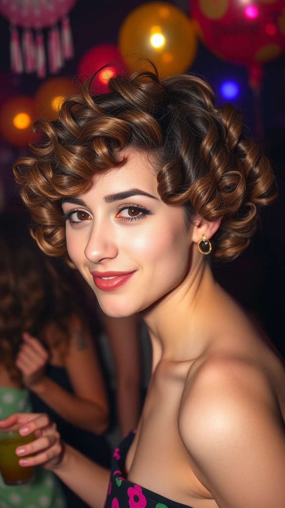 Model with bouncy ringlet curls at a party, wearing a floral dress and smiling.