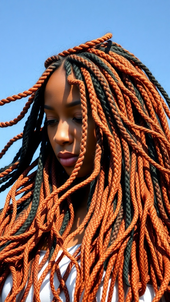 A woman with long box braids in a mix of colors, flowing in the wind against a clear blue sky.