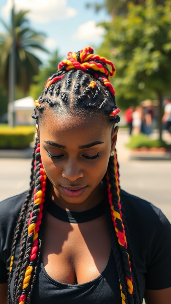 A woman with box braids featuring red and yellow color accents, looking downwards.