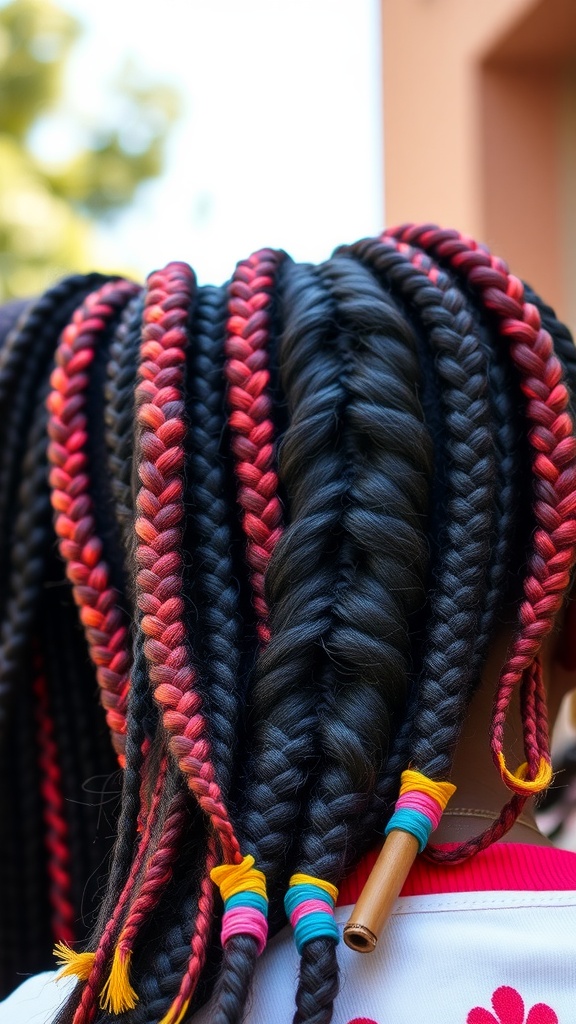Box braids featuring vibrant red and yellow accents.