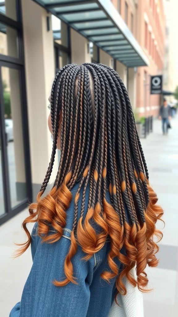 A woman with box braids that have curly ends, showcasing a stylish hairdo.