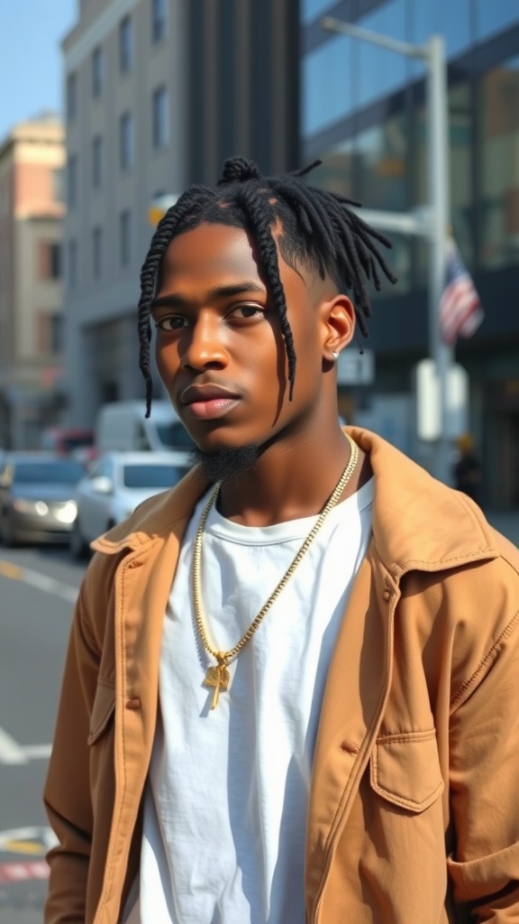 A young man with box braids and a fade hairstyle, wearing a tan jacket and gold necklace, standing in an urban setting.