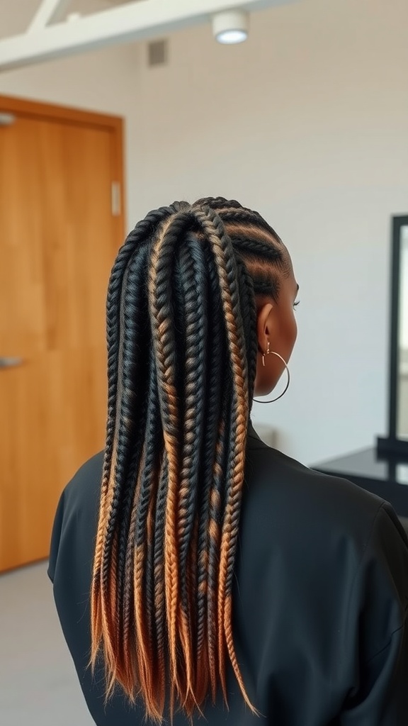 A person with boxed braids styled in an ombre effect, showing dark roots that fade into a warm color at the tips. The hairstyle is neat, showcasing intricate sections.
