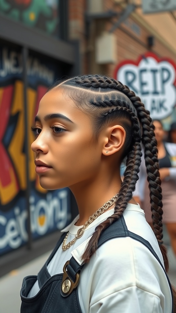 A young woman with boxer braids, showcasing a trendy hairstyle against a colorful urban backdrop.