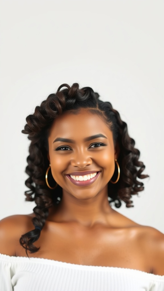 A woman with defined curls smiling, showcasing a braid-out hairstyle.
