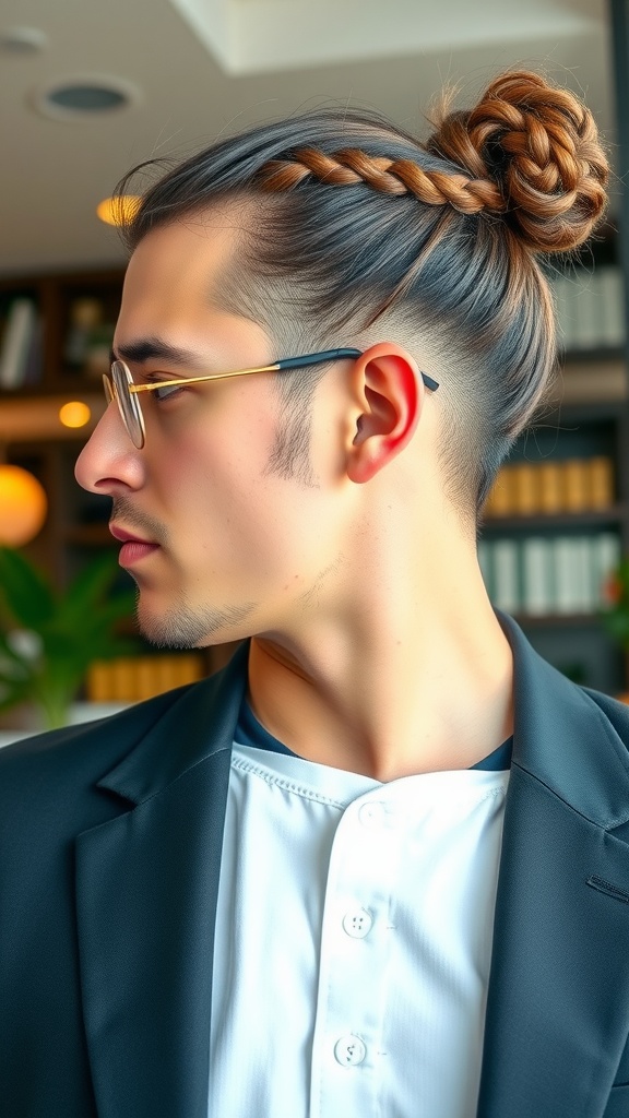 A man with a braided hairstyle and bun, wearing glasses and a smart outfit.