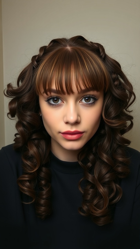 Model with curly hair styled in braided bangs.