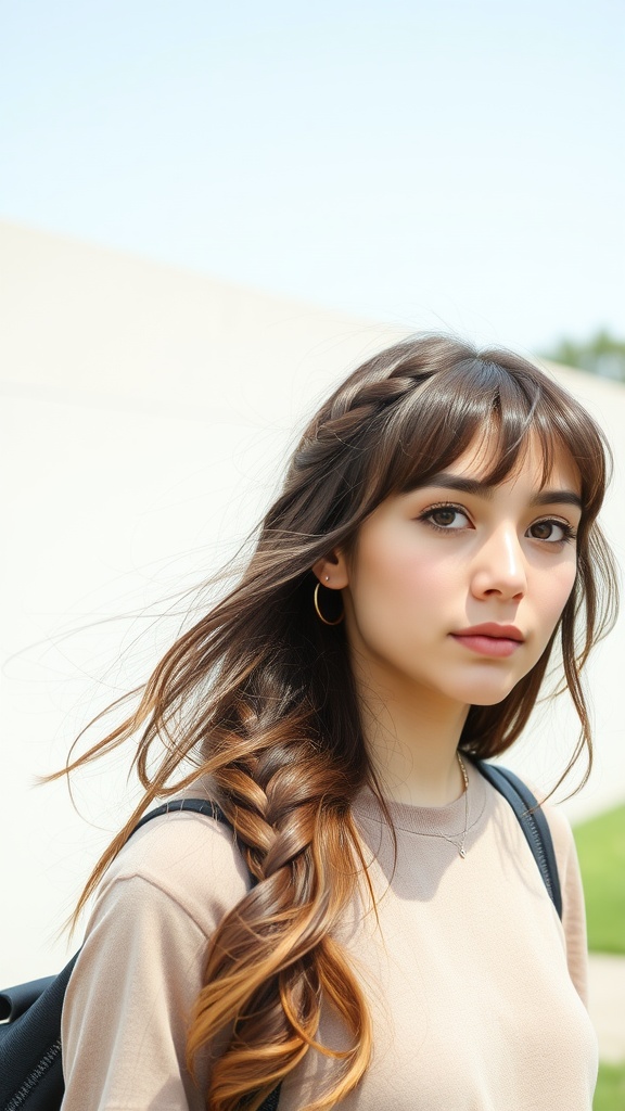A young woman with braided bangs and loose hair, wearing a beige top and carrying a backpack.