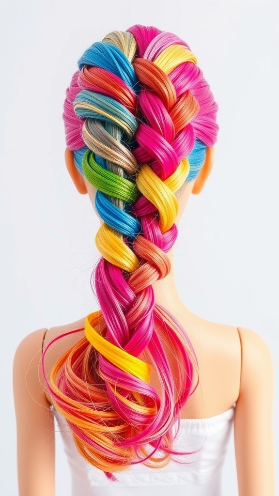 A vibrant braided ponytail hairstyle featuring colorful strands of pink, blue, green, and yellow.