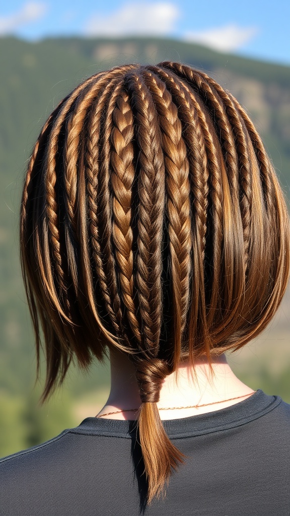 A close-up of a person with a braided bob hairstyle, featuring multiple braids and a sleek cut.
