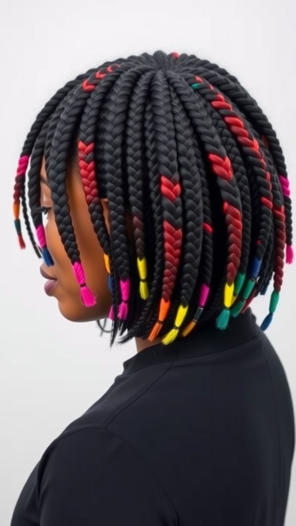 A woman with a braided bob hairstyle featuring colorful accents, showcasing a trendy and stylish look.