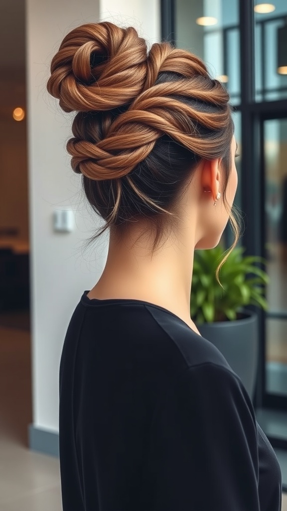 A woman showcasing a braided bun hairstyle, featuring intricate braids and a high bun, with warm-toned hair