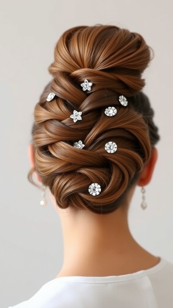 A braided bun hairstyle adorned with sparkling accessories, showcasing intricate braids and a neat bun.