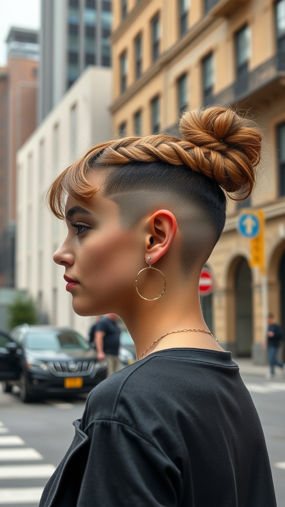 A woman with a braided bun and undercut hairstyle, showcasing a stylish and edgy look.