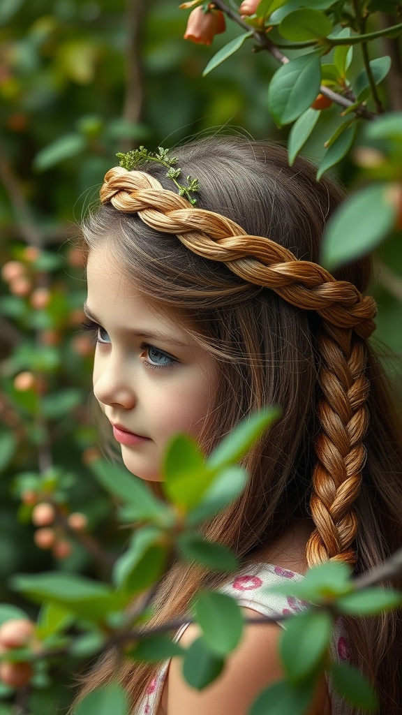 A young girl with a braided crown hairstyle, adorned with small green leaves.