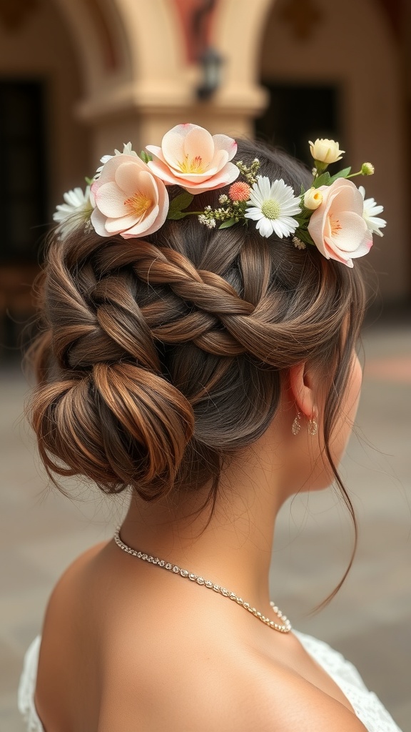 A woman with a braided crown hairstyle, featuring flowers and a bun at the back.