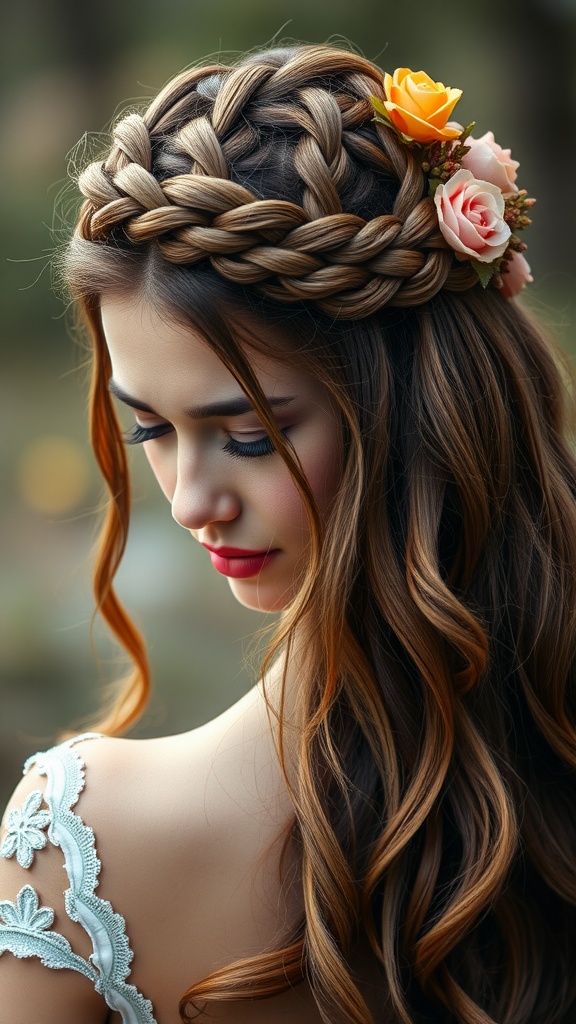 A woman with half braided hairstyle featuring a crown braid and flowers.