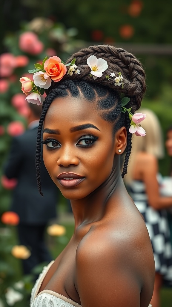 A woman with a braided crown hairstyle adorned with flowers, exuding elegance.