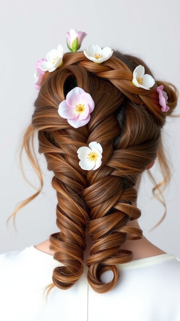A braided crown hairstyle featuring 3C curls adorned with flowers.