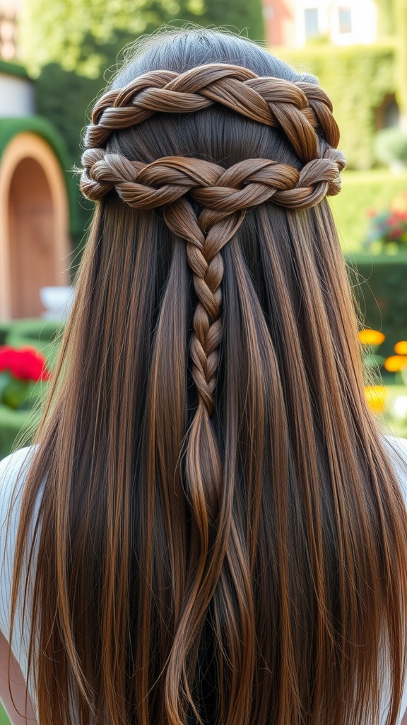 A woman with a braided crown hairstyle and long straight hair, showcasing intricate braids and flowing locks.