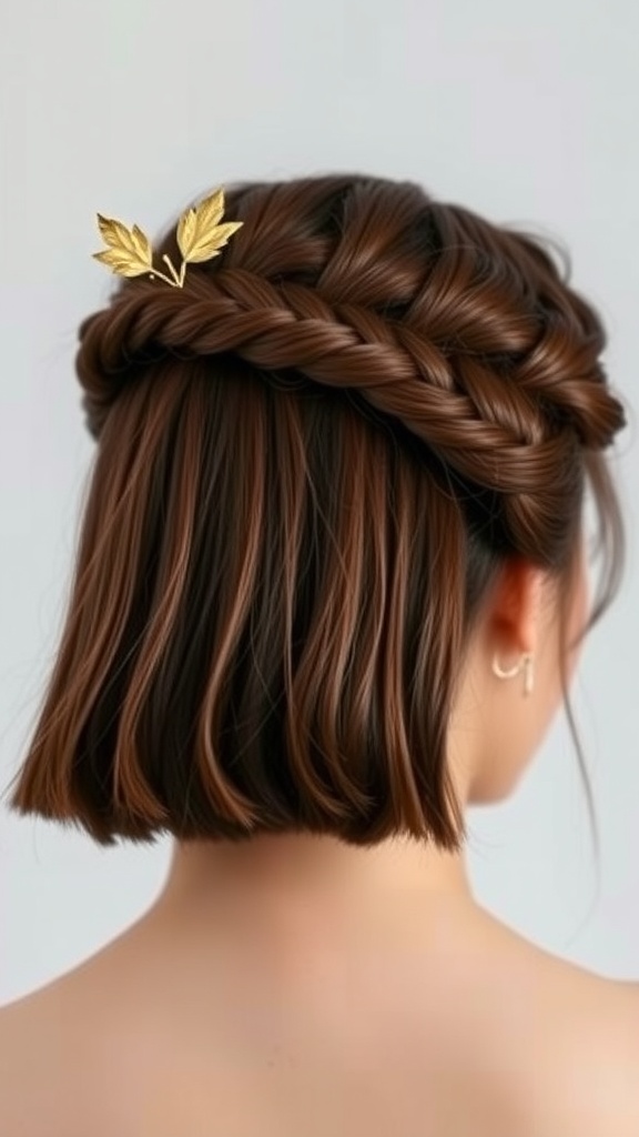 A person with short hair styled in a braided crown, adorned with a gold hairpin.