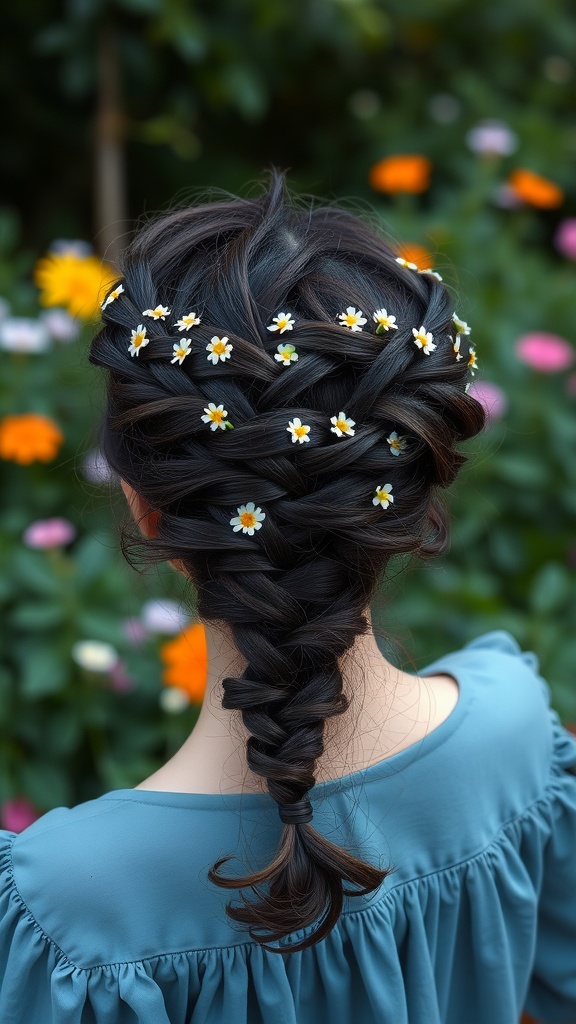 A woman with braided curly hair adorned with small flowers, set against a colorful floral background.